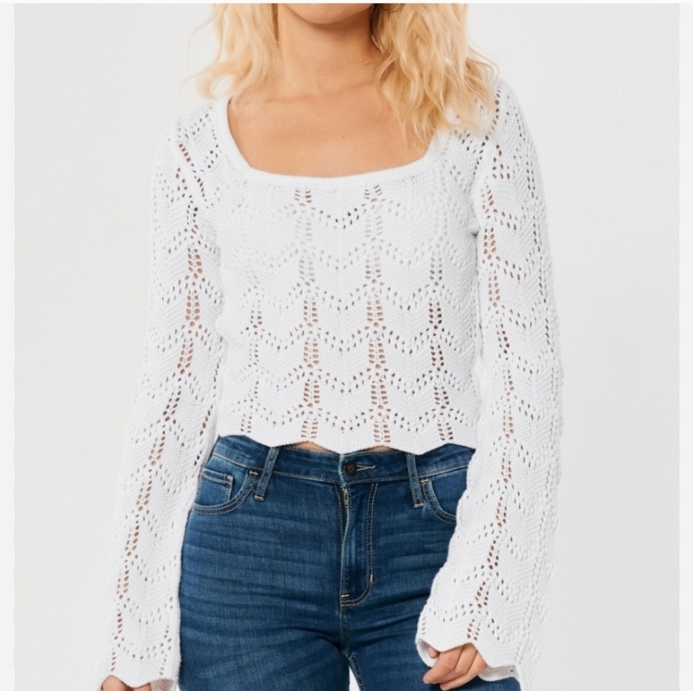 Hollister White Long-sleeve Crochet Square-neck Jumper Sweater Sz Small